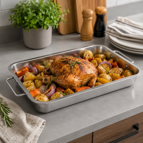Asadera de Acero Inoxidable 32x22 cm con Asas Firmes | Ideal para Horno, Carnes y Asados