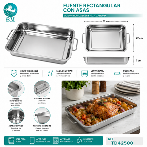 Asadera de Acero Inoxidable 32x22 cm con Asas Firmes | Ideal para Horno, Carnes y Asados