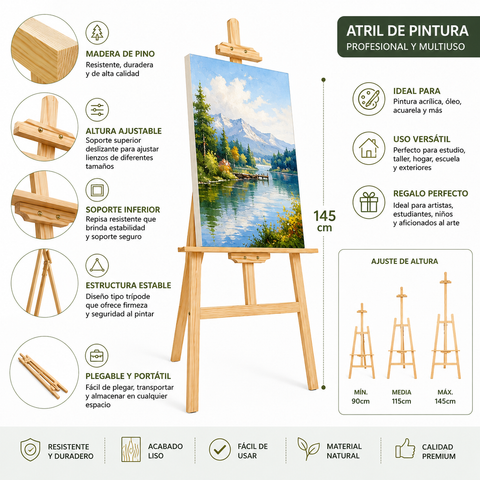 Atril de Pintura de Madera de Pino Ajustable 145 cm | Caballete Artista Profesional