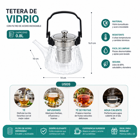 Tetera de Vidrio con Filtro Acero Inoxidable | 0.8L, 1.2L y 1.5L