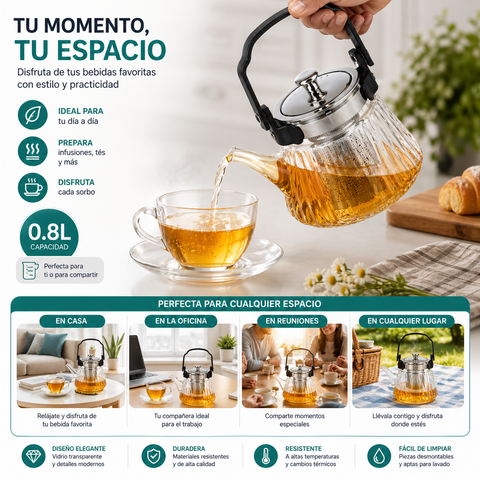 Tetera de Vidrio con Filtro Acero Inoxidable | 0.8L, 1.2L y 1.5L