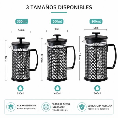 Prensa Francesa para Café y Té Vidrio Resistente con Filtro Acero Inoxidable - Espumador