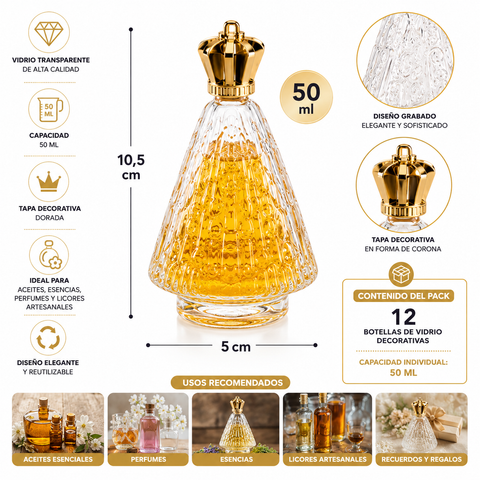 Pack 12 Frascos Decorativos Virgen María 50ml Vidrio Transparente Con Tapa Corona Dorada