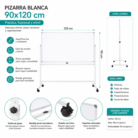 Pizarra Blanca Móvil Doble Cara 120x90 cm con Ruedas – Para Oficina, Sala de Reuniones y Clases