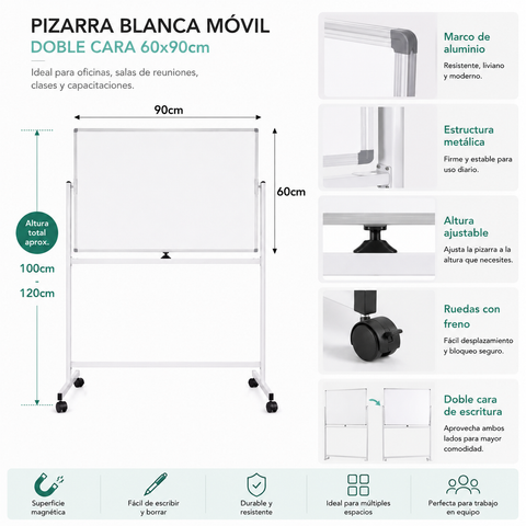 Pizarra Blanca Móvil Doble Cara 90x60 cm con Ruedas – Para Oficina, Sala de Reuniones y Clases