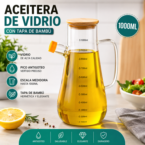 Aceitera de Vidrio con Tapa de Bambú y Medidor 1000ML | Dispensador de Aceite Cocina