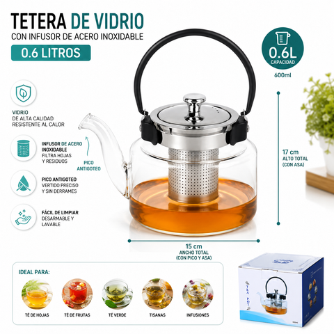 Tetera de Vidrio con Filtro de Acero Inoxidable | 0.6L, 1.2L y 1.5L