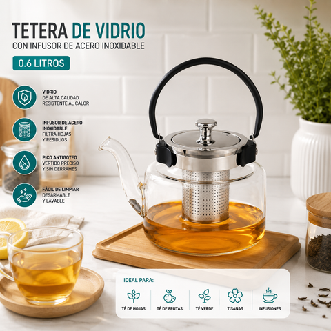 Tetera de Vidrio con Filtro de Acero Inoxidable | 0.6L, 1.2L y 1.5L