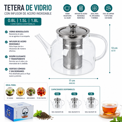 Tetera de Vidrio Borosilicato con Infusor de Acero Inoxidable | 0.8L, 1.5L y 1.8L