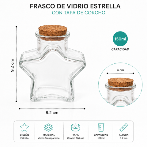 Pack 12 Frascos de Vidrio Estrella con Tapa de Corcho 150ml | Decoración y Cocina