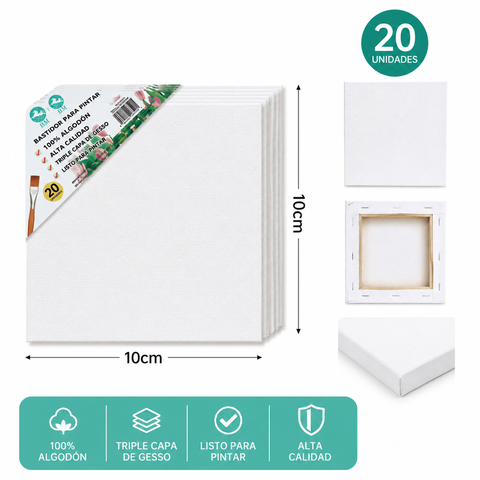 Pack 20 Bastidores de Madera con Lienzo 10x10 cm – Listos para Pintar | Acrílico y Óleo