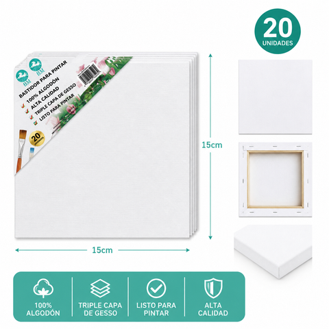 Pack 20 Bastidores de Madera con Lienzo 15x15 cm – Canvas Listo para Pintar | Acrílico, Óleo y Gouache