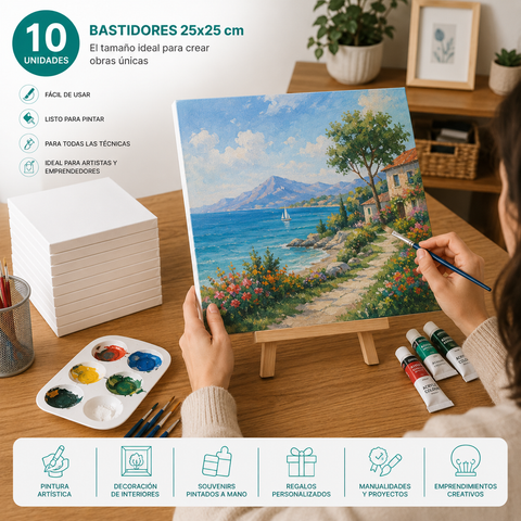 Pack 10 Bastidores de Madera con Lienzo 25x25 cm – Canvas Listo para Pintar | Acrílico, Óleo y Gouache