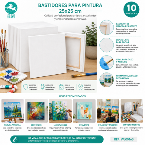 Pack 10 Bastidores de Madera con Lienzo 25x25 cm – Canvas Listo para Pintar | Acrílico, Óleo y Gouache