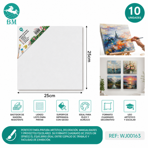 Pack 10 Bastidores de Madera con Lienzo 25x25 cm – Canvas Listo para Pintar | Acrílico, Óleo y Gouache