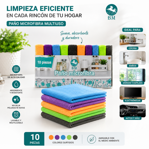 Set 10 Paños Microfibra Multiuso – Absorbentes, Sin Pelusas y Reutilizables | Limpieza Hogar y Auto