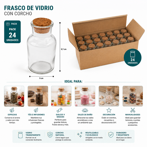Pack 24 Frascos de Vidrio con Tapa de Corcho 150ml | Decoración y Cocina