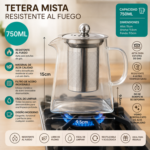 Tetera de Vidrio Borosilicato 750ml con Infusor de Acero Inoxidable para Té e Infusiones