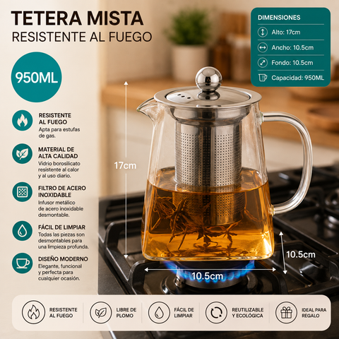 Tetera de Vidrio Borosilicato 950ml con Infusor de Acero Inoxidable para Té e Infusiones