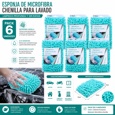 Pack 6 Esponjas de Microfibra Chenilla para Lavado de Auto y Hogar – Celeste