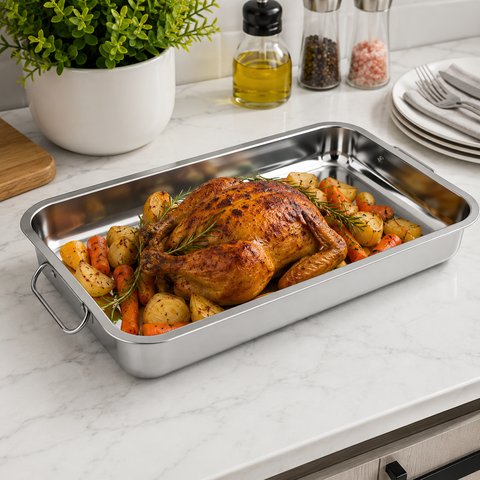 Asadera Grande de Acero Inoxidable 45x35 cm con Asas Firmes | Ideal para Horno, Carnes y Asados