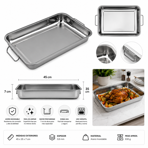 Asadera Grande de Acero Inoxidable 45x35 cm con Asas Firmes | Ideal para Horno, Carnes y Asados