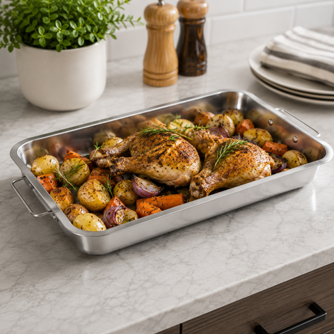 Asadera Grande de Acero Inoxidable 36x27 cm con Asas Firmes | Ideal para Horno, Carnes y Asados