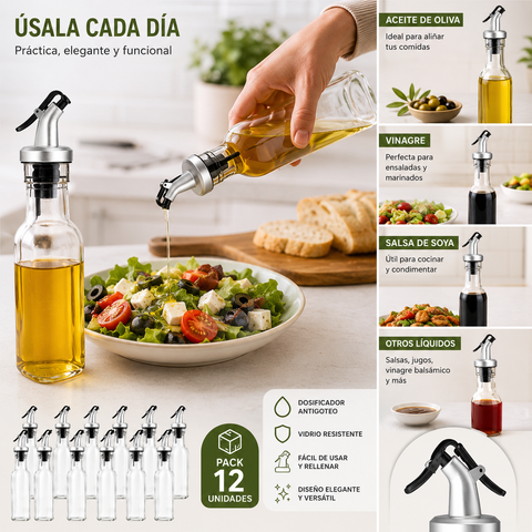Pack 12 Botellas Dispensadoras de Aceite de Vidrio 250ml con Dosificador Antigoteo