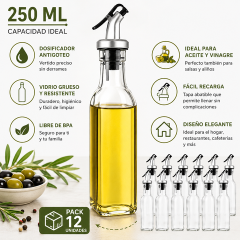 Pack 12 Botellas Dispensadoras de Aceite de Vidrio 250ml con Dosificador Antigoteo