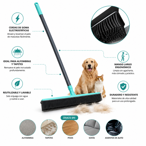 Escobillón Removedor de Pelos de Mascotas | Escoba de Goma Siliconada Mango Extensible