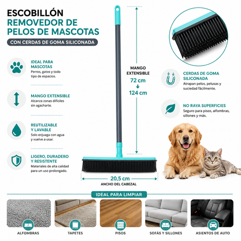 Escobillón Removedor de Pelos de Mascotas | Escoba de Goma Siliconada Mango Extensible
