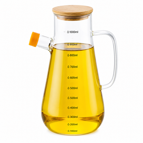 Aceitera de Vidrio con Tapa de Bambú y Medidor 1000ML | Dispensador de Aceite Cocina