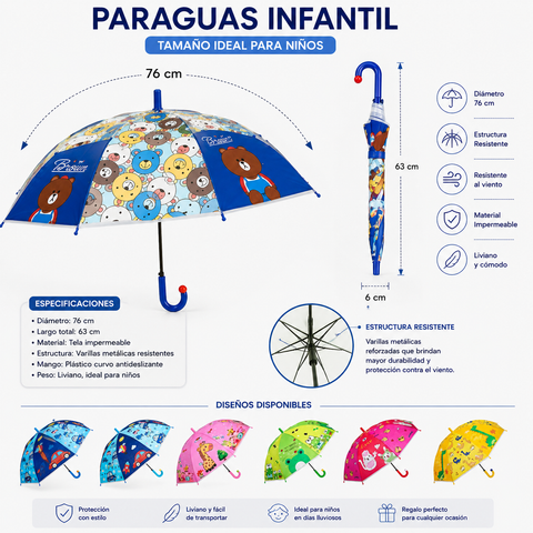 Paraguas Infantil Impermeable 76cm — Liviano, Colorido y Resistente para Niños