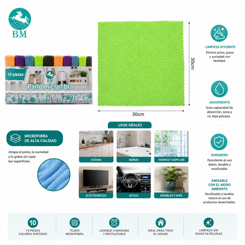 Set 10 Paños Microfibra Multiuso – Absorbentes, Sin Pelusas y Reutilizables | Limpieza Hogar y Auto