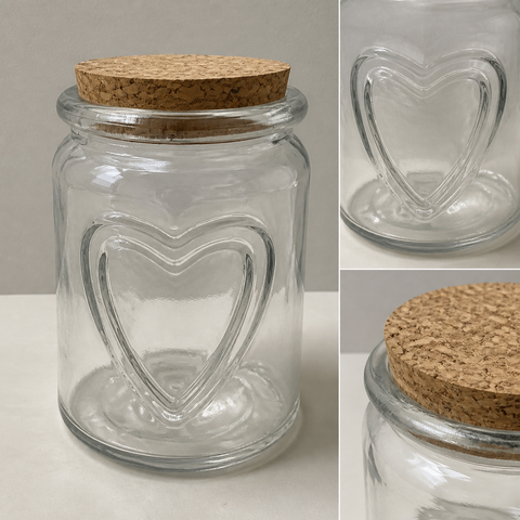 Detalle del frasco de vidrio de 150 ml con relieve de doble corazón y tapa de corcho