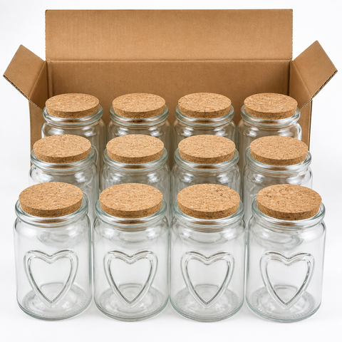 Pack de 12 frascos altos de vidrio de 150 ml con doble corazón y corcho