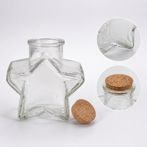Detalle del frasco estrella de vidrio 80 ml y su tapa de corcho