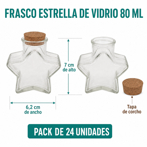 Medidas del frasco estrella de vidrio 80 ml, pack de 24 unidades