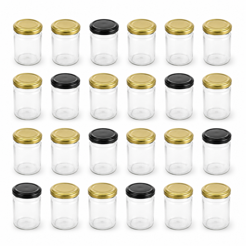 Veinticuatro frascos conserveros de vidrio 240 ml con tapas metálicas surtidas