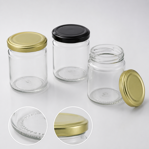 Detalles del frasco conservero de vidrio 240 ml y tapas metálicas surtidas