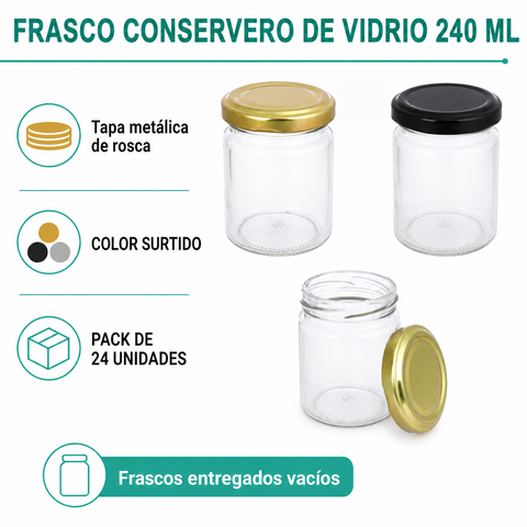 Características del frasco conservero de vidrio 240 ml, pack de 24
