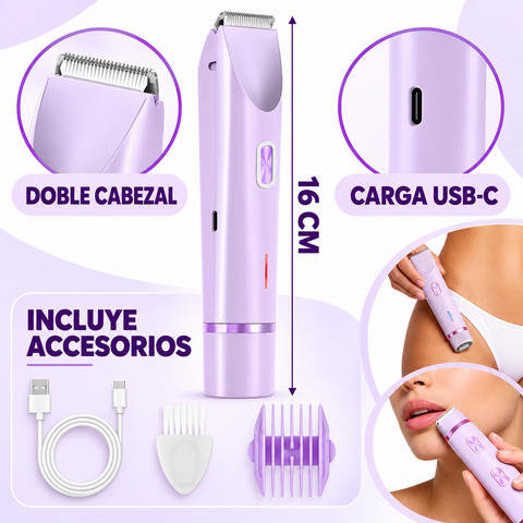 Características de afeitadora corporal lila de doble cabezal y carga USB C