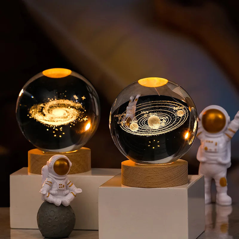 Luz LED nocturna con sistema Solar de galaxia, bola de cristal para niños, lámpara de noche USB, luz ambiental para dormitorio, lámpara de Luna y planeta 3D, regalo creativo