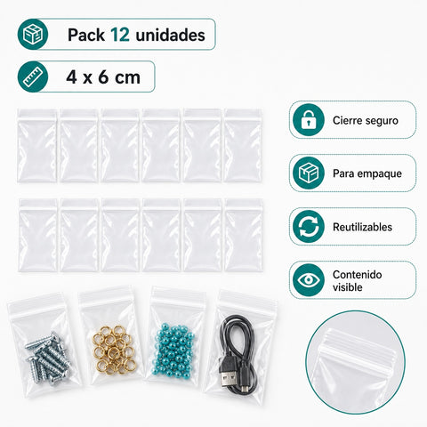 Pack 12 Bolsas Herméticas Transparentes 4x6 cm | Cierre Resellable | Empaque y Organización