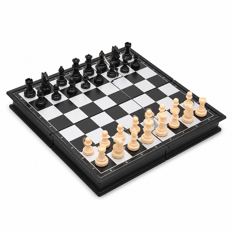 Tablero de ajedrez magnético plegable con piezas negras y marfil