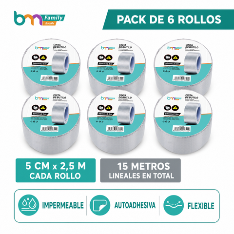Pack de 6 cintas butílicas de 5 cm x 2,5 m y 15 metros lineales en total