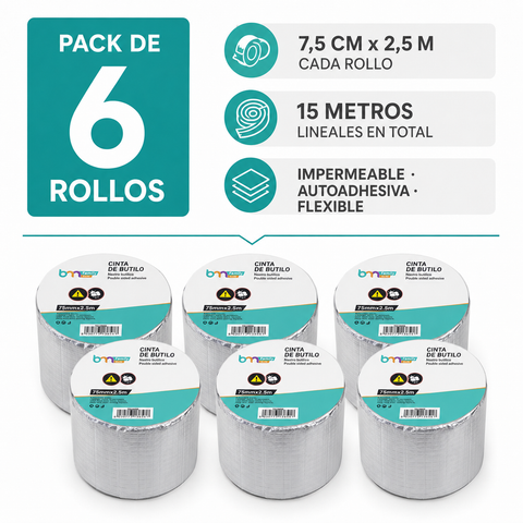 Pack de 6 cintas butílicas de 7,5 cm x 2,5 m y 15 metros lineales en total