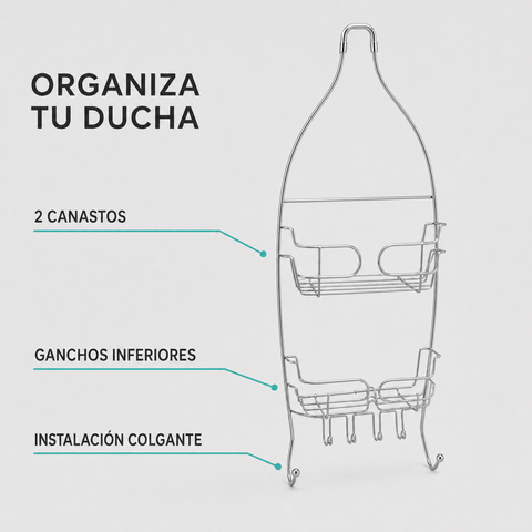 Organizador de ducha plateado con dos canastos y ganchos inferiores