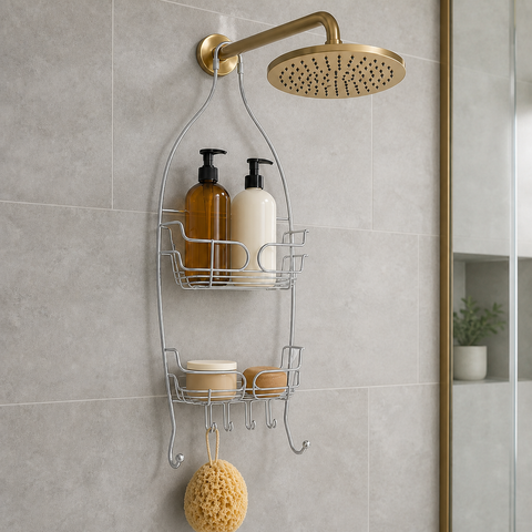 Organizador plateado colgado del brazo de la ducha con artículos de baño