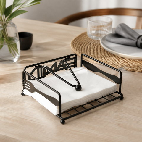 Servilletero metálico negro con servilletas sobre mesa de comedor